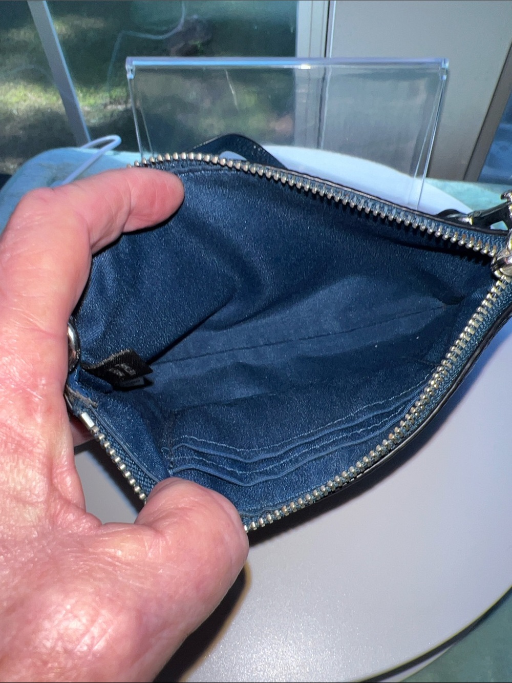 Coach Blue Pebbled Leather Wristlet with Cream Shearling Trim - Picture 8 of 10